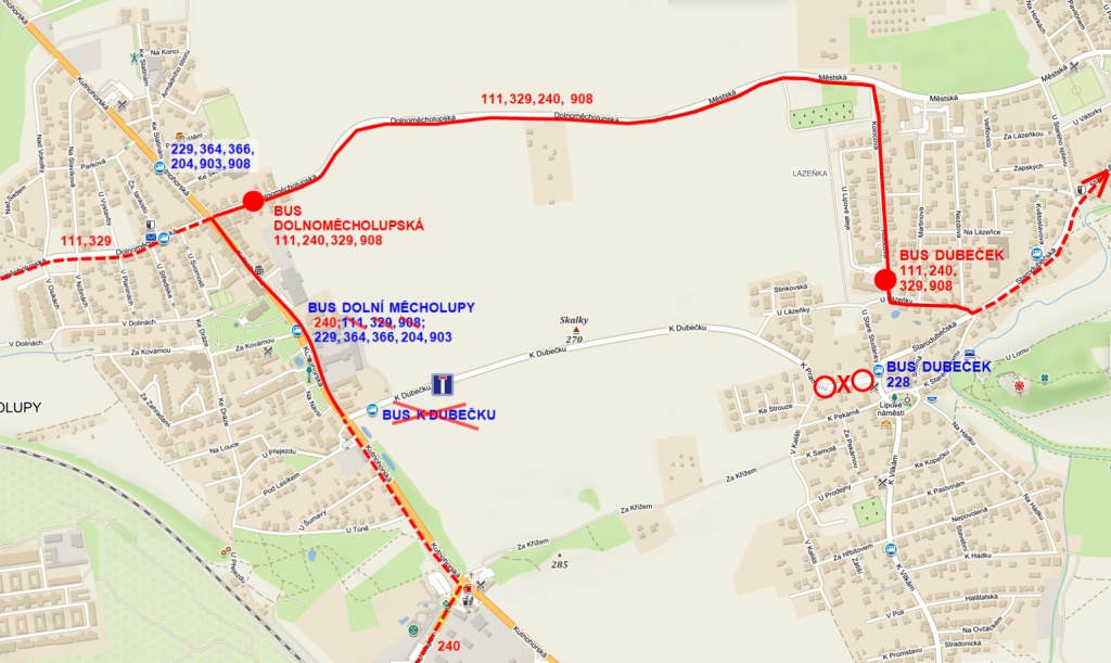 Mapa-popis situace k plánované výluce BUS 111, 329, 240 a 908